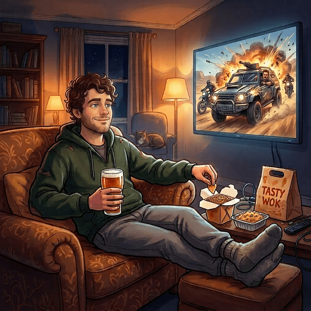 Man sitting on couch with a beer and takeout food watching live soccer on TV