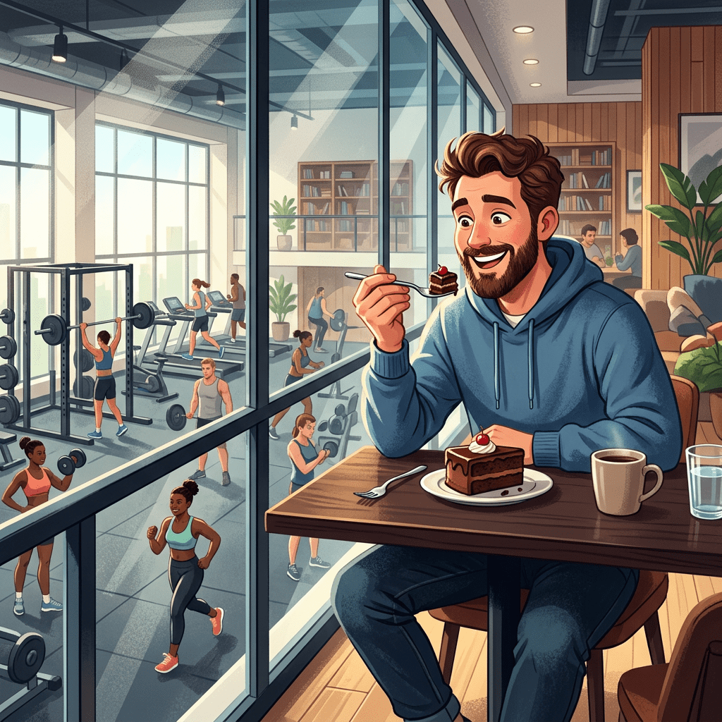 Man eating chocolate cake at a table overlooking busy gym through large glass windows