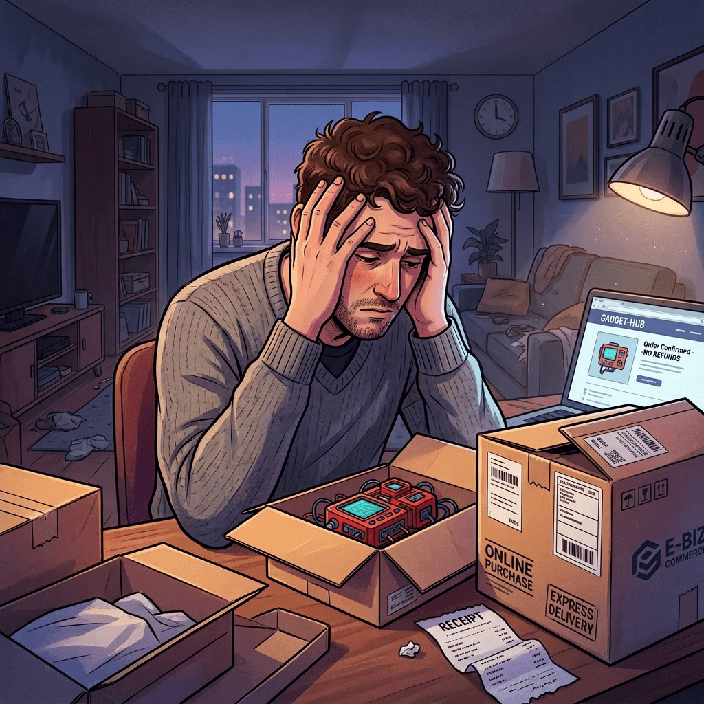 Man looking distressed at an opened online purchase box with a gadget inside