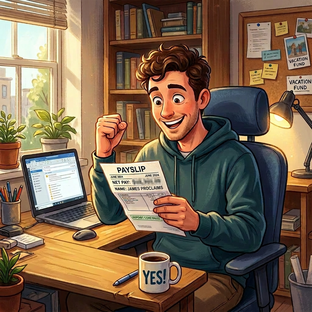 Man holding payslip showing net pay of $4,850.20 with joyful expression