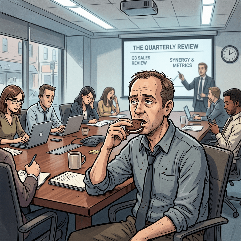 Man eating sandwich distracted during business meeting with coworkers