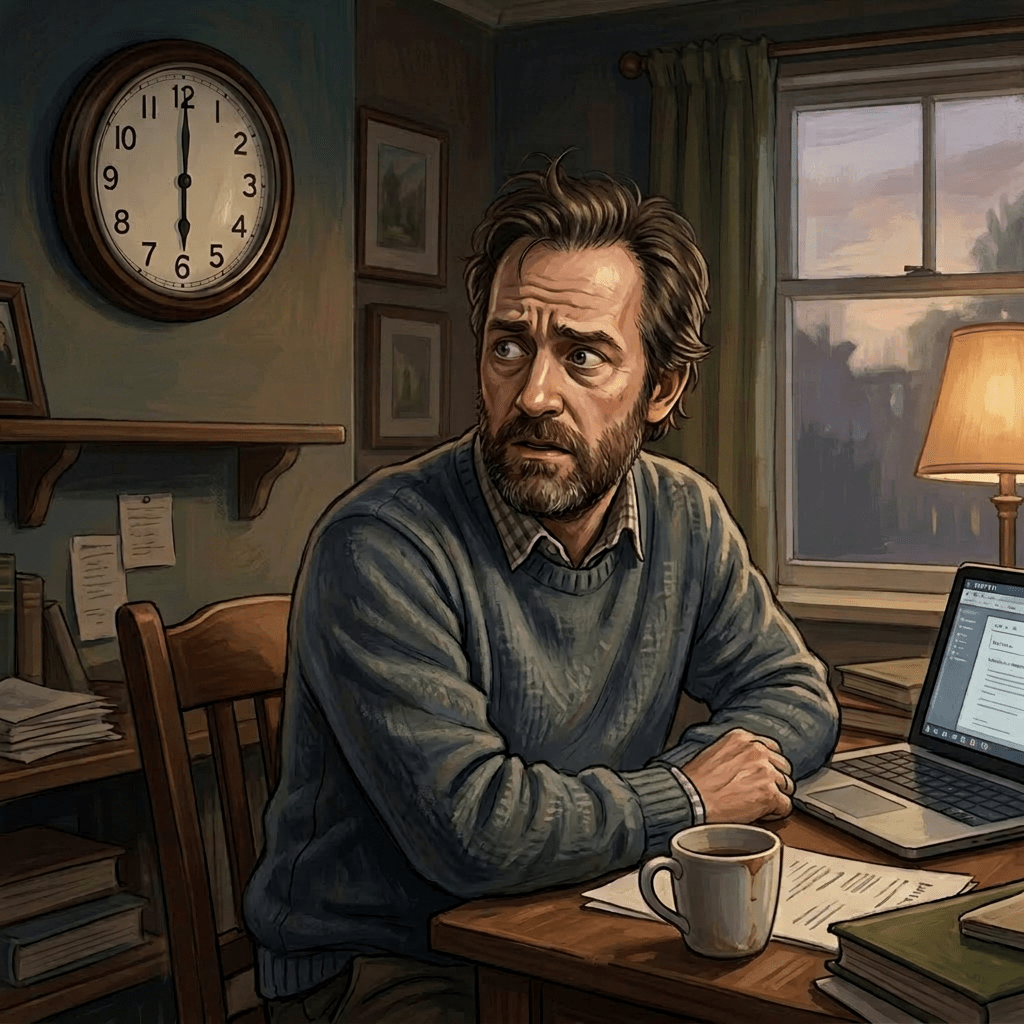 Man with beard and sweater sitting at a desk cluttered with papers and a laptop, holding his head in stress