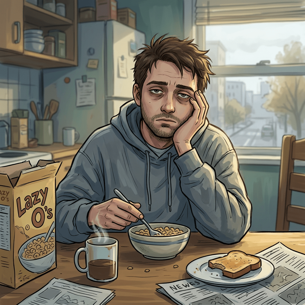 Tired man in gray hoodie eating cereal at kitchen table with coffee and toast