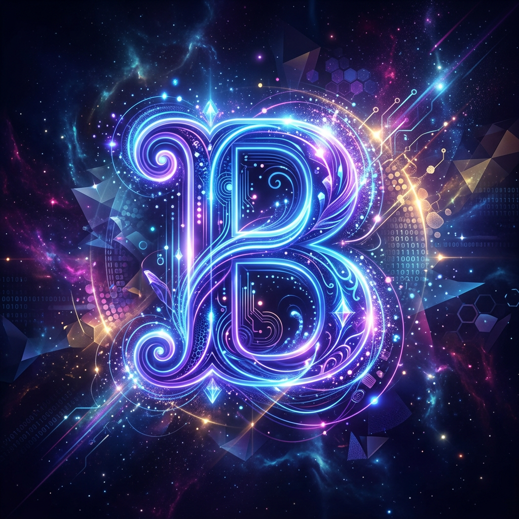 Neon glowing letter B with digital and cosmic patterns in space