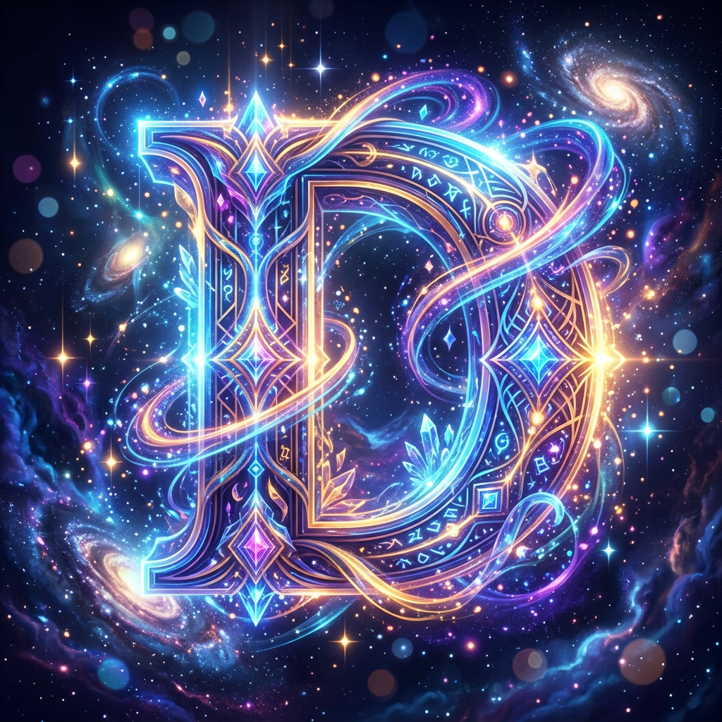 Glowing ornamental letter D with cosmic background and swirling lights