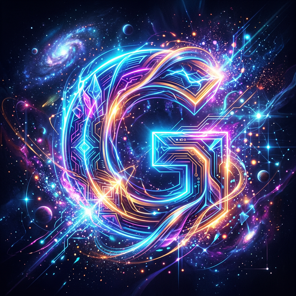 Neon letter G with cosmic background and glowing circuitry