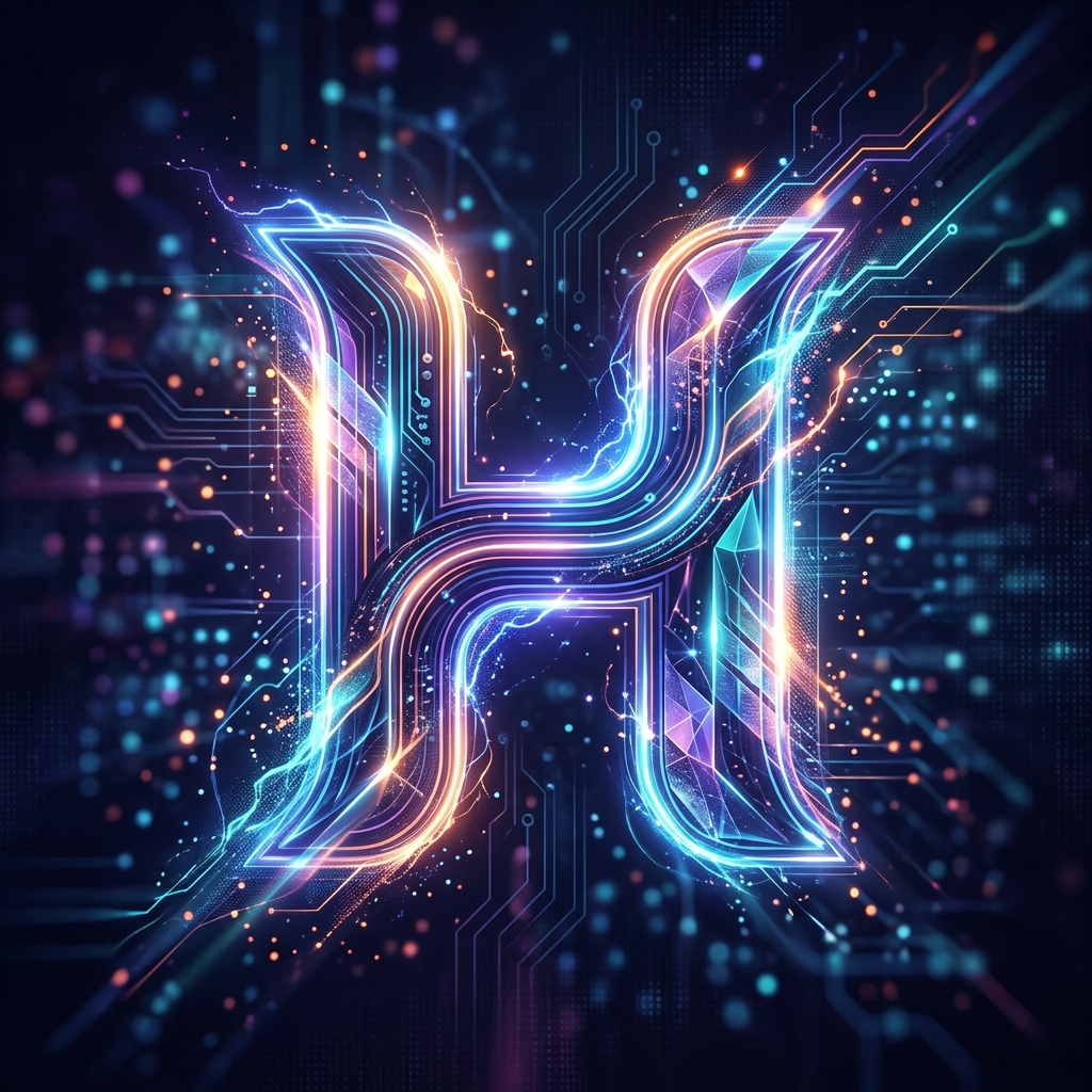 Glowing digital letter H with neon lights and circuit patterns