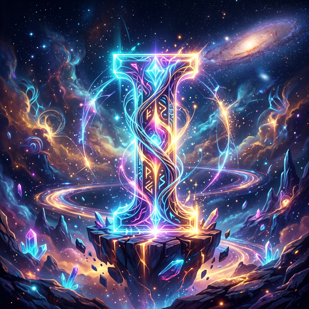 A glowing rune pillar surrounded by swirling cosmic lights and floating crystals