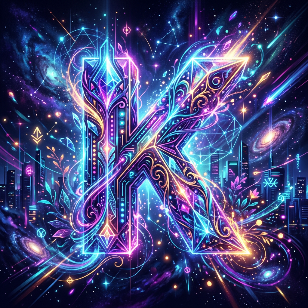 Ornate letter K glowing with neon colors against a cosmic background