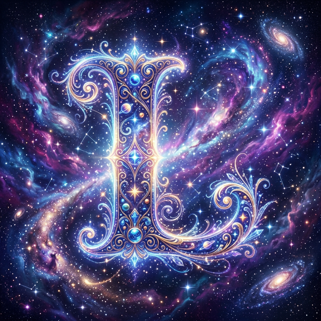 Decorative letter L with cosmic elements and swirling galaxy background