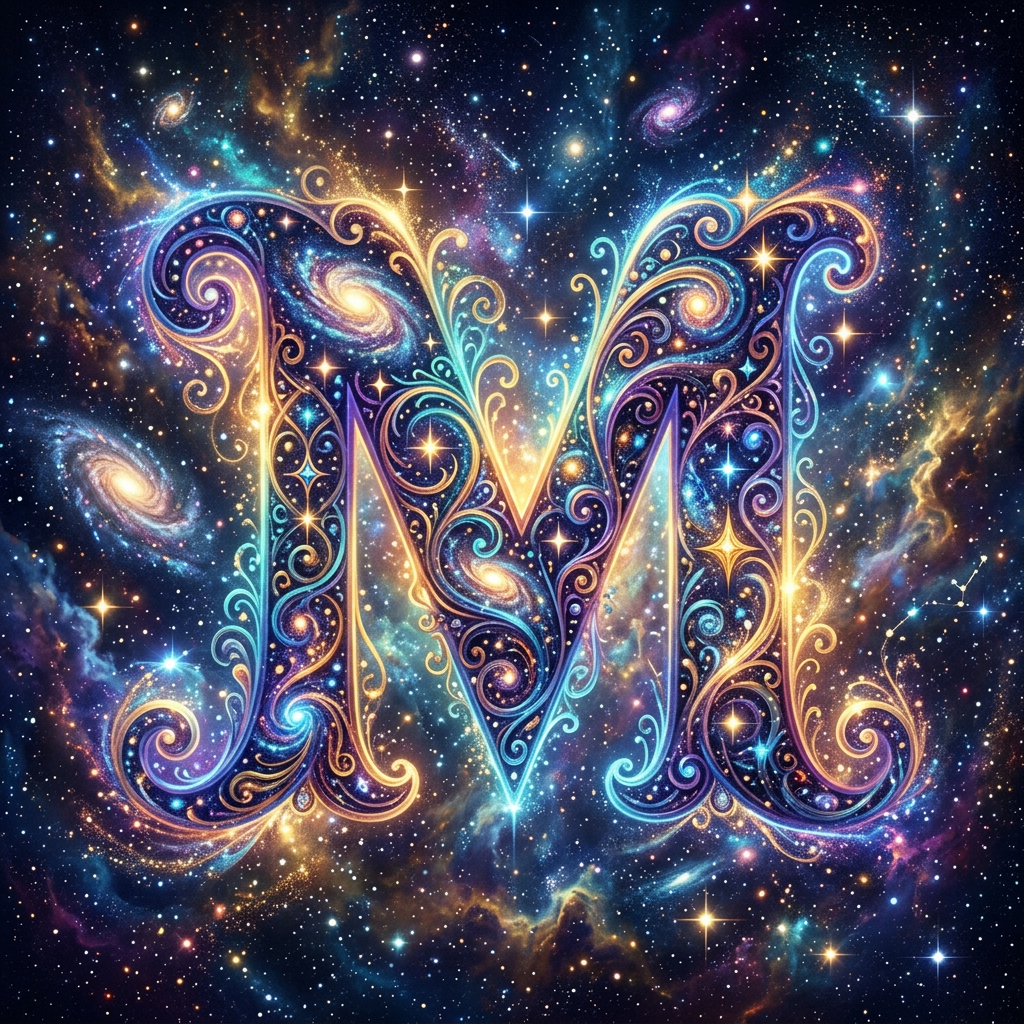 Ornate letter M with swirling cosmic patterns in space