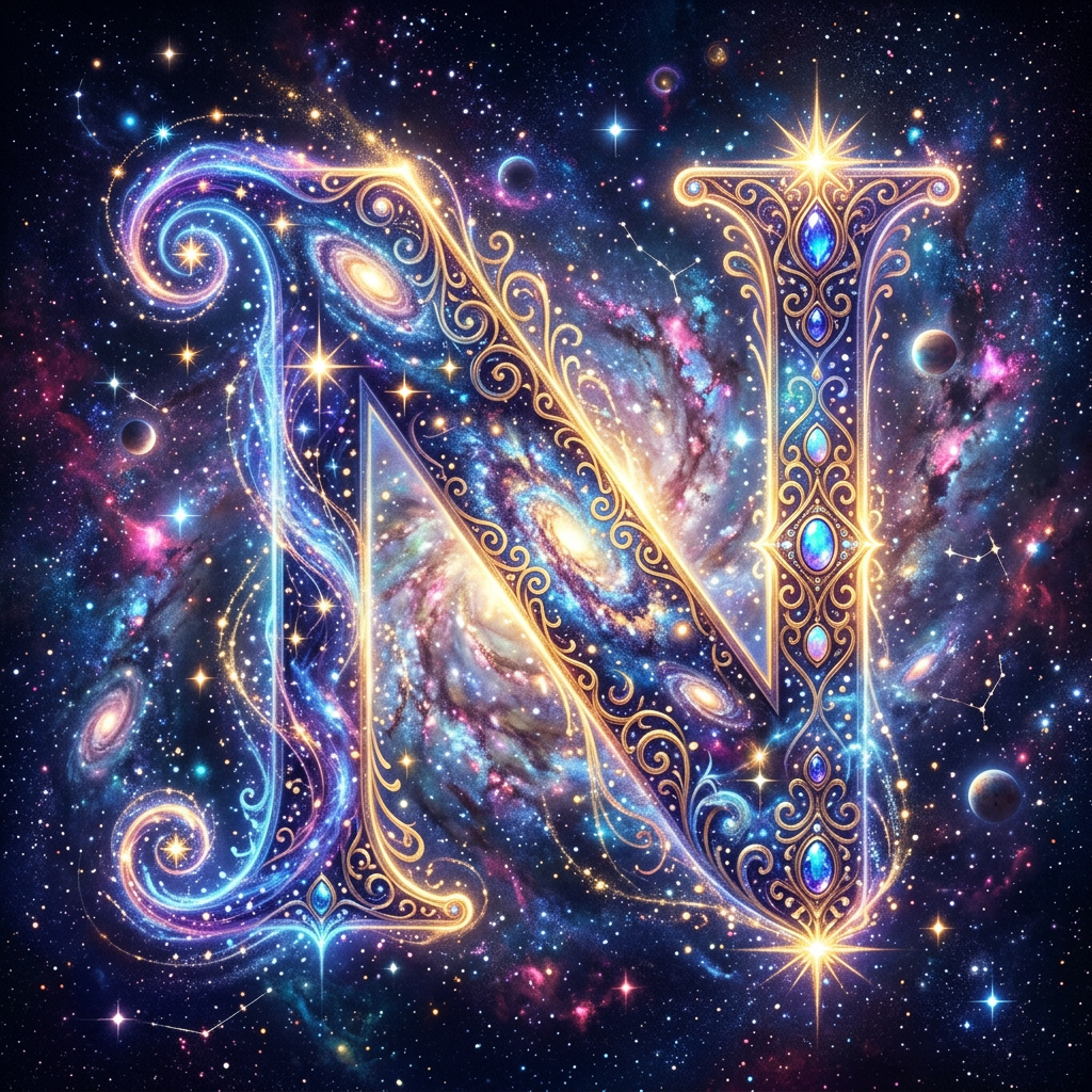 Ornate letter N with cosmic galaxy background and blue jewels