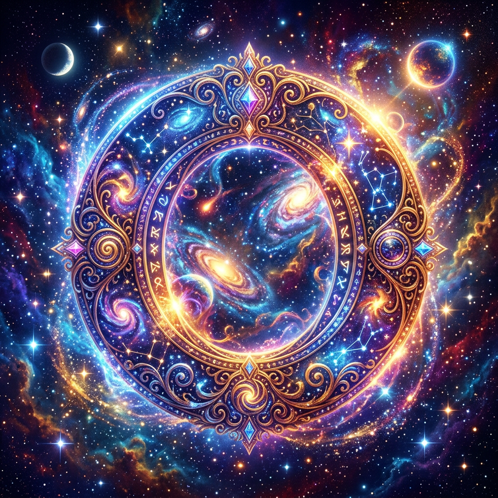 Ornate zodiac wheel with astrological symbols orbiting vibrant galaxies and stars