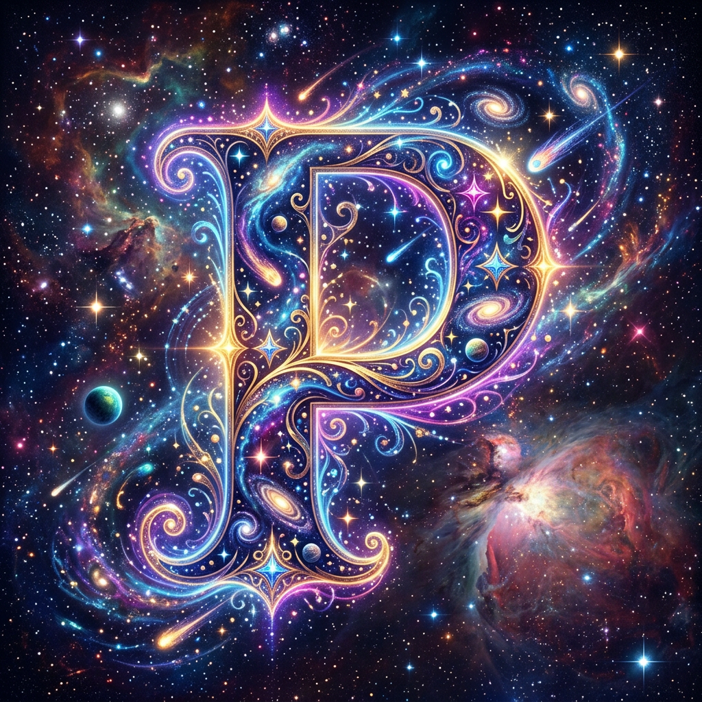 Ornate letter R filled with stars, galaxies, planets, and comets in a colorful cosmic background