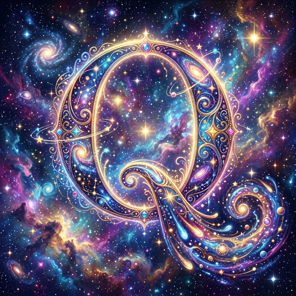 Intricately decorated letter Q glowing with cosmic elements in a colorful nebula background