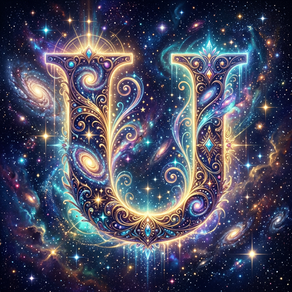 Decorative letter U embellished with swirling cosmic patterns and bright stars