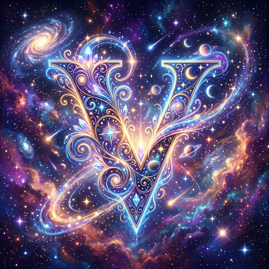 Decorative letter V with celestial and cosmic elements