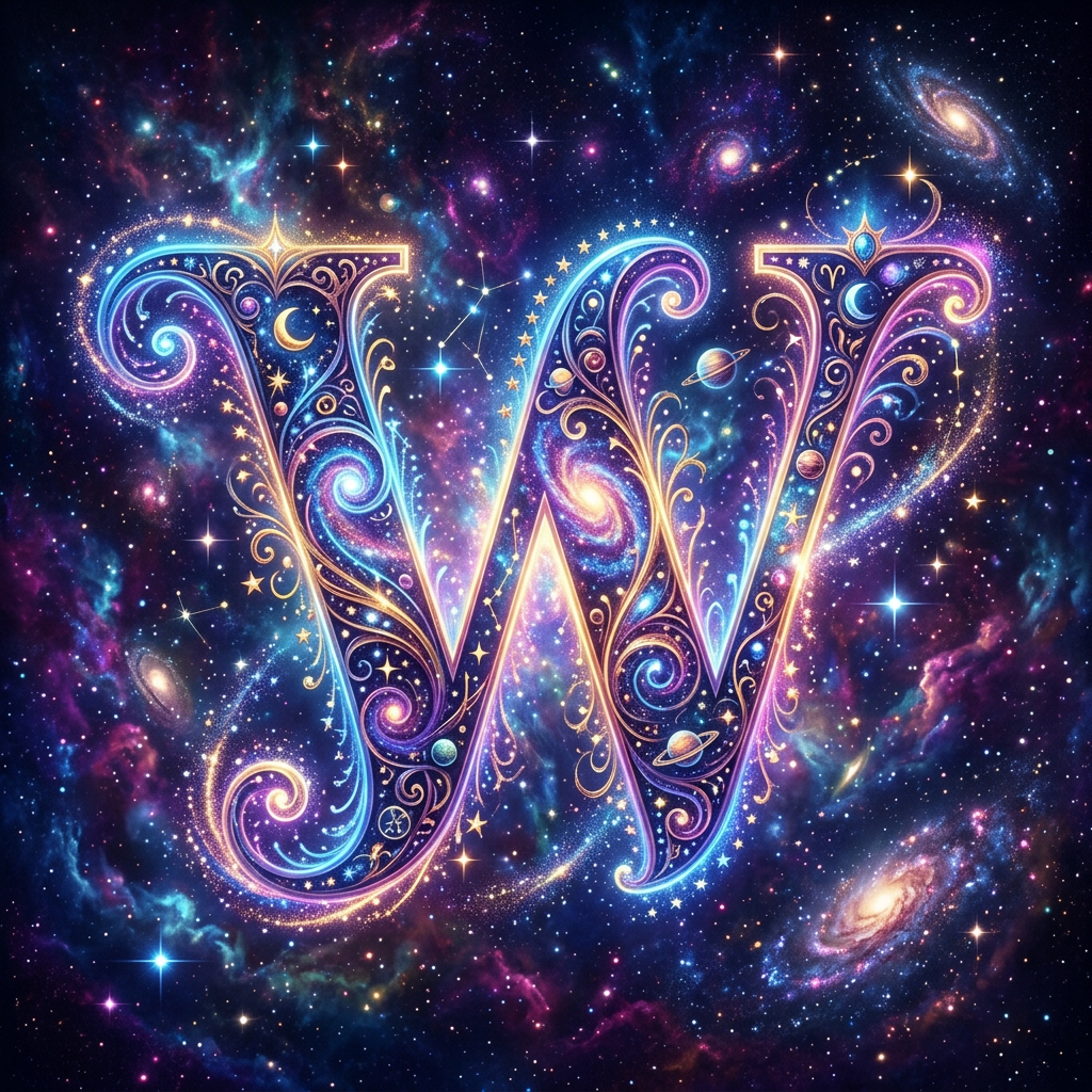 Ornate letter W decorated with stars, planets, and cosmic patterns on a vibrant galaxy backdrop