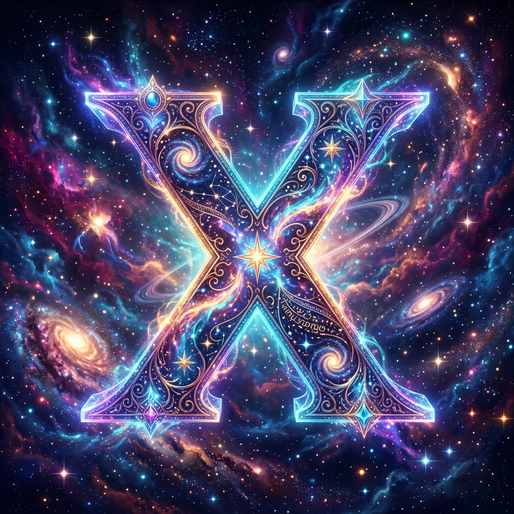 Ornate glowing letter X with stars and galaxy patterns