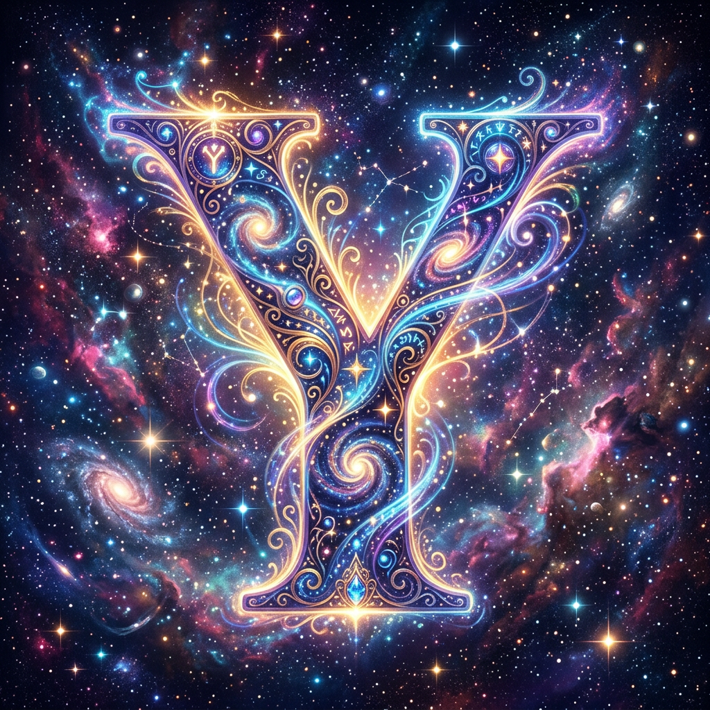 Ornate letter Y with cosmic patterns, galaxies, and stars on a space background