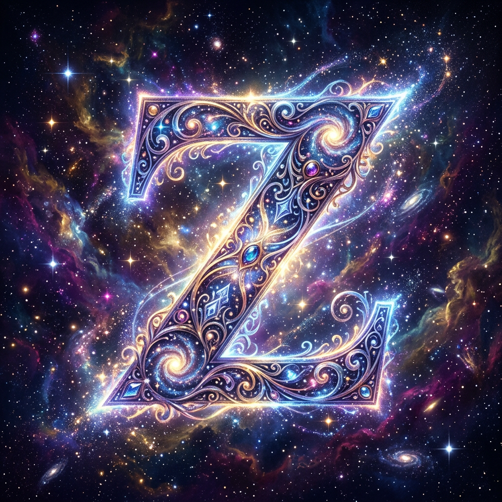 Letter Z decorated with intricate galaxy and cosmic designs