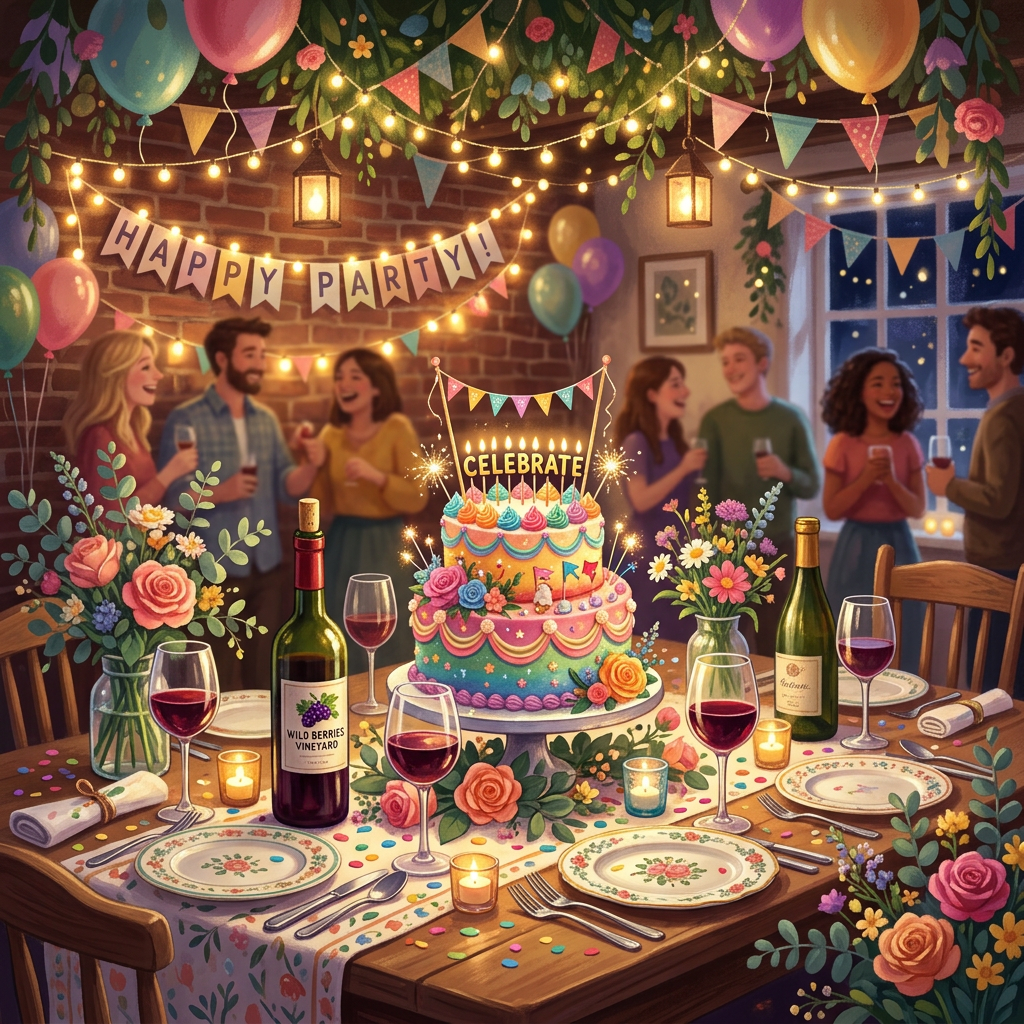 Colorful birthday cake with candles on decorated table surrounded by wine glasses and flowers, with friends celebrating in background