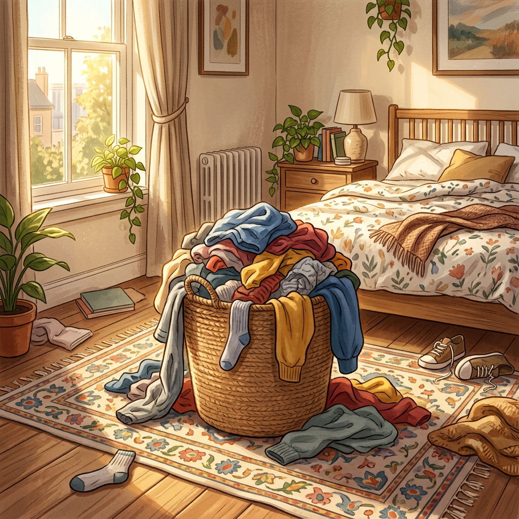 Bedroom with a wooden bed, floral bedspread, plants, and a laundry basket overflowing with clothes