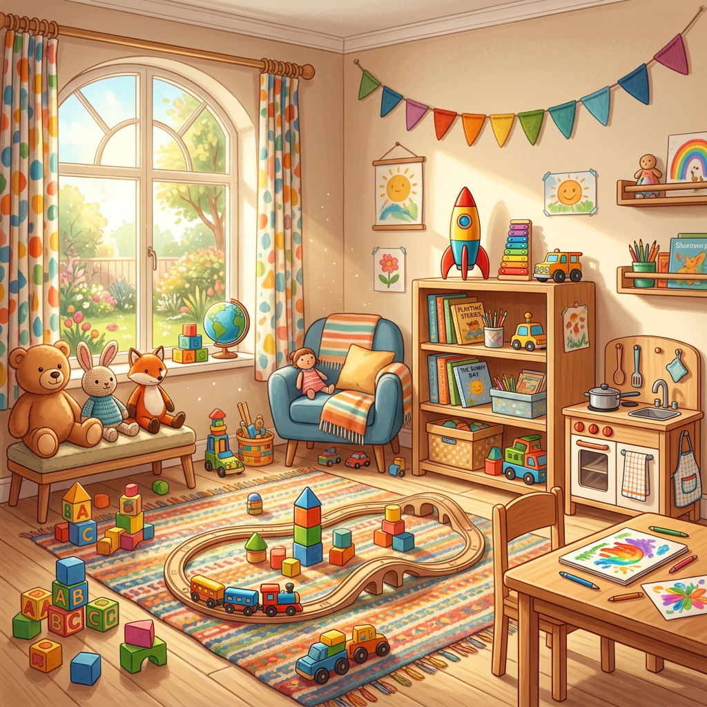 Children's playroom with toys, books, colorful decorations, and a train set on a rug