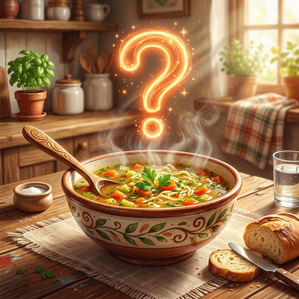 Steaming vegetable noodle soup with bread and glowing question mark