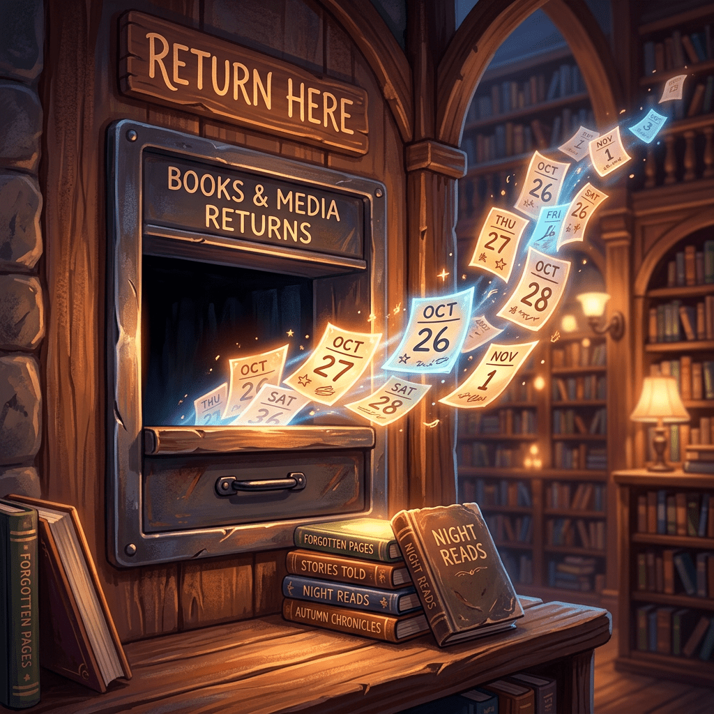 Library return slot labeled RETURN HERE and BOOKS & MEDIA RETURNS, with floating date cards and books labeled FORGOTTEN PAGES, STORIES TOLD, NIGHT READS, and AUTUMN CHRONICLES.