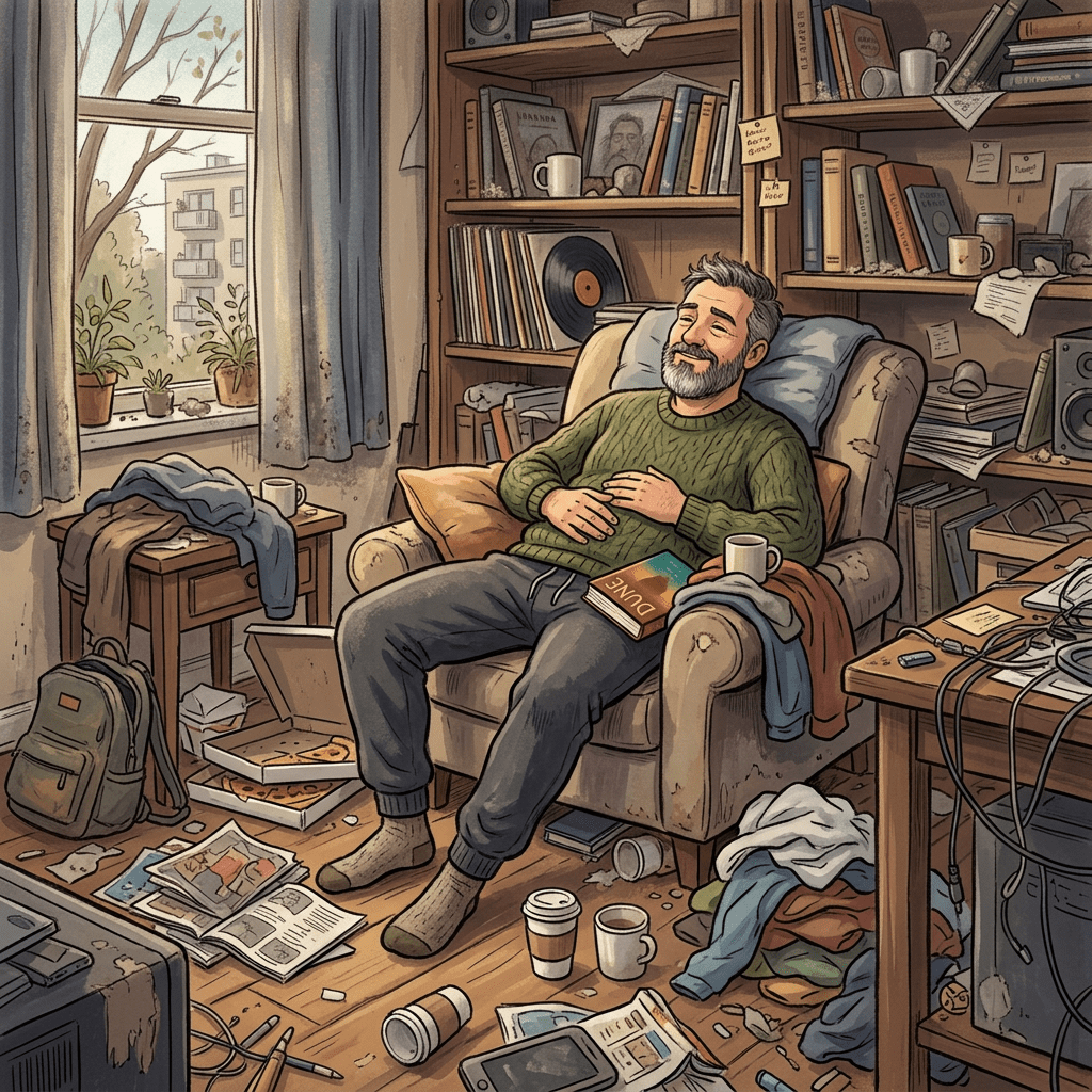 Bearded man relaxing in an armchair with a Dune book