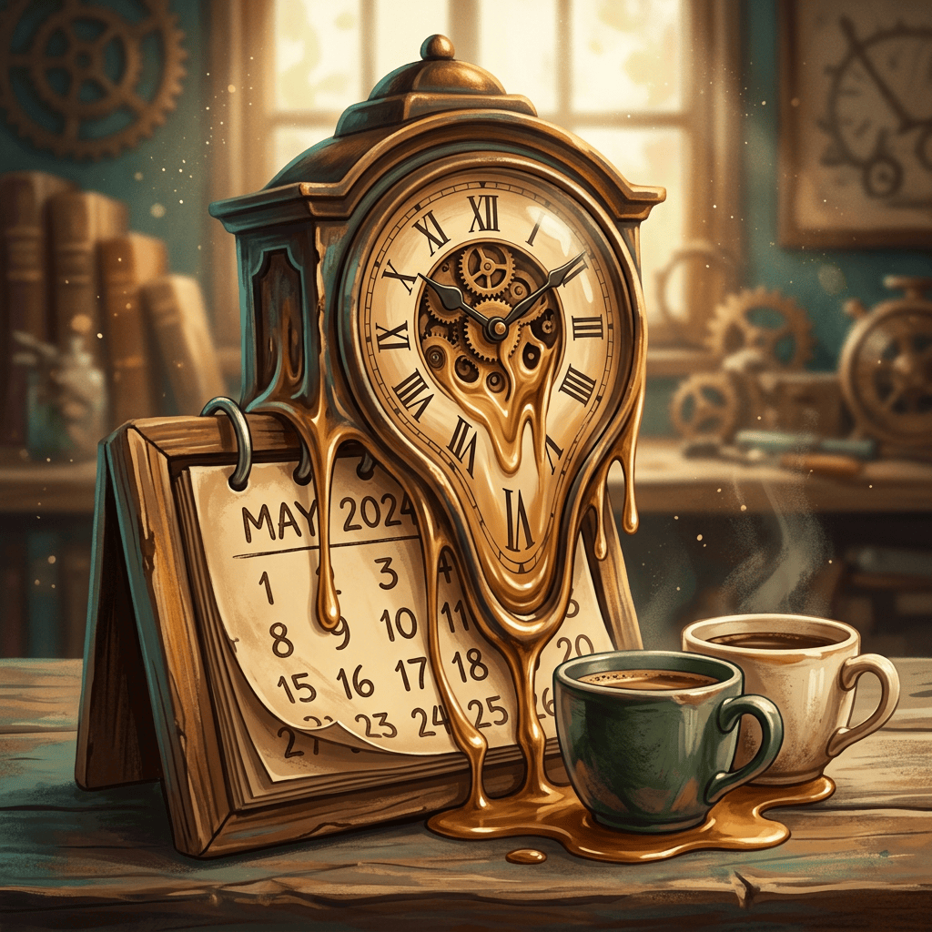 Melting vintage clock over a May 2024 calendar with two coffee cups