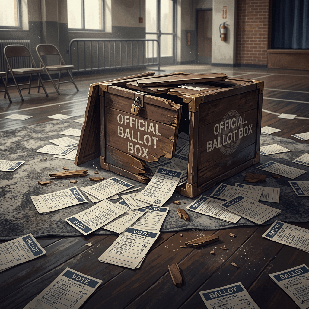Damaged wooden ballot box labeled “OFFICIAL BALLOT BOX” surrounded by ballots