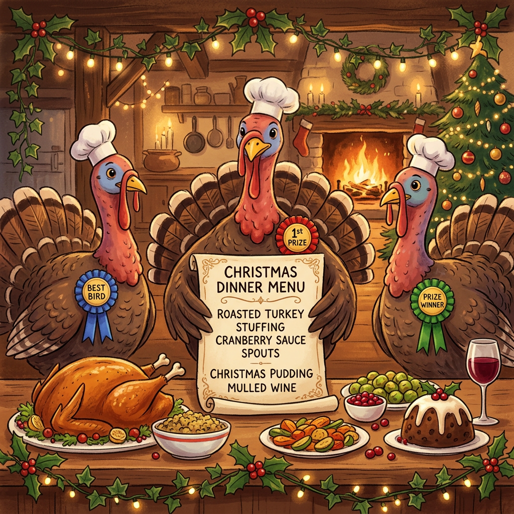 Three turkeys with ribbons and menu reading “1st PRIZE,” “BEST BIRD,” “PRIZE WINNER,” “CHRISTMAS DINNER MENU,” “ROASTED TURKEY,” “STUFFING,” “CRANBERRY SAUCE,” “SPROUTS,” “CHRISTMAS PUDDING,” and “MULLED WINE.”