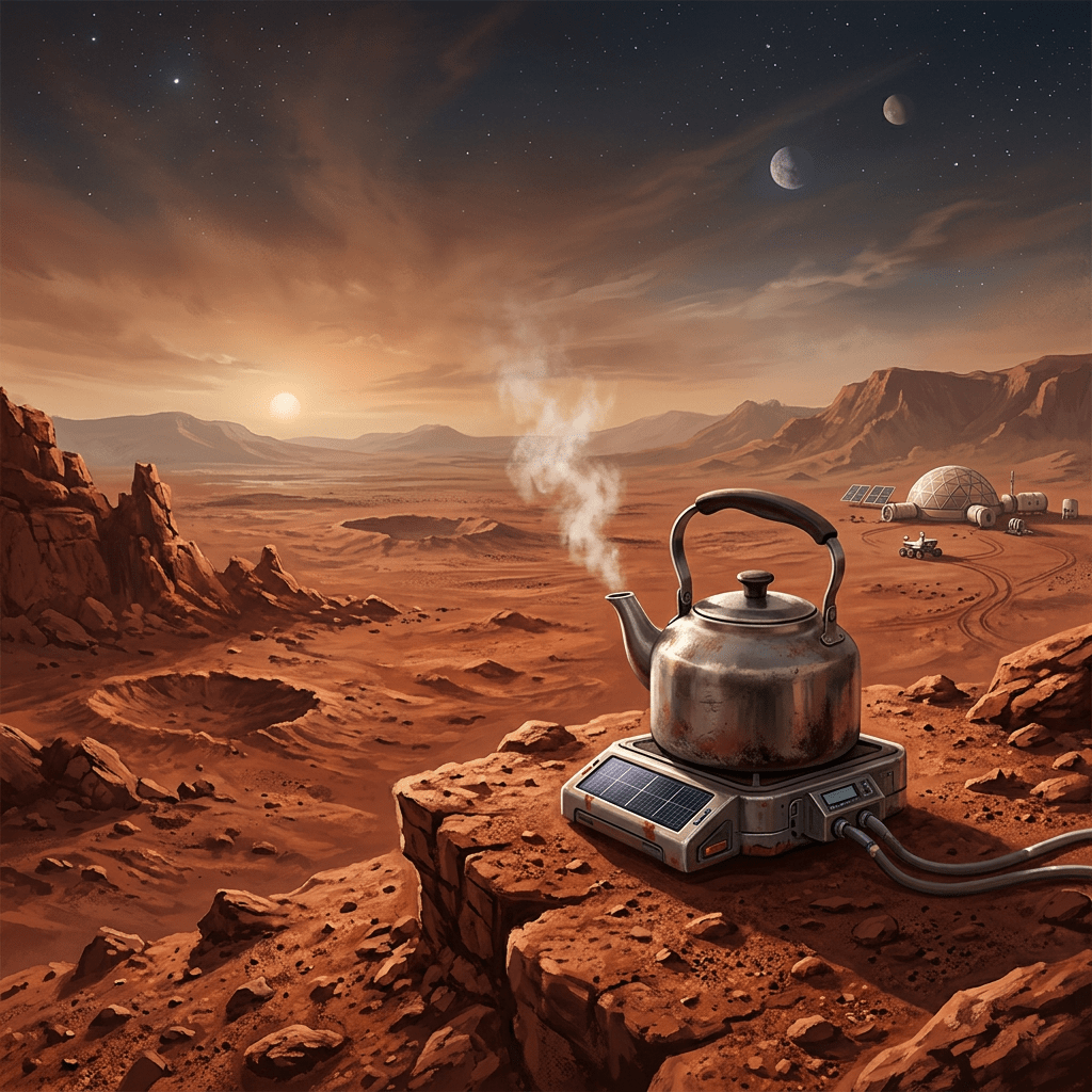 Steaming kettle on a solar-powered stove overlooking a Martian settlement