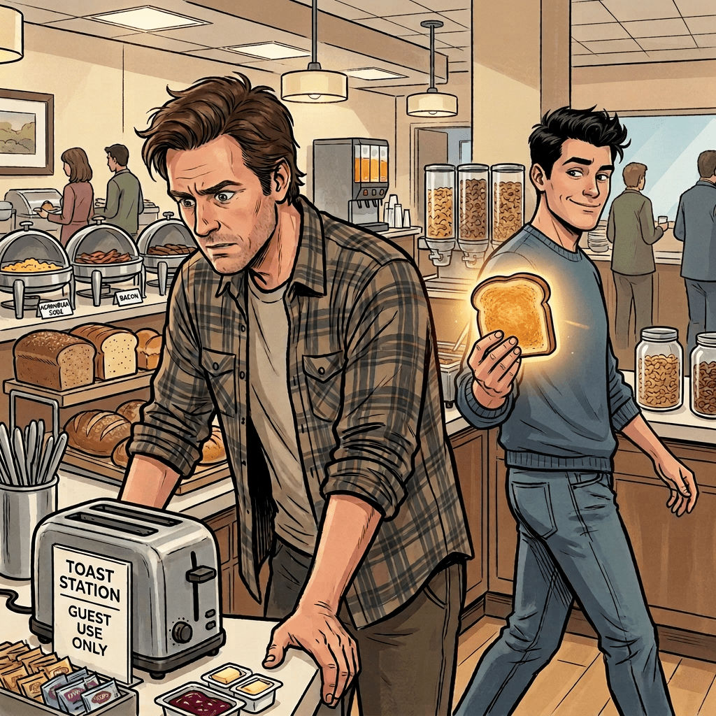 Two men in a kitchen handle toast, with one using a toaster and another holding flaming bread.