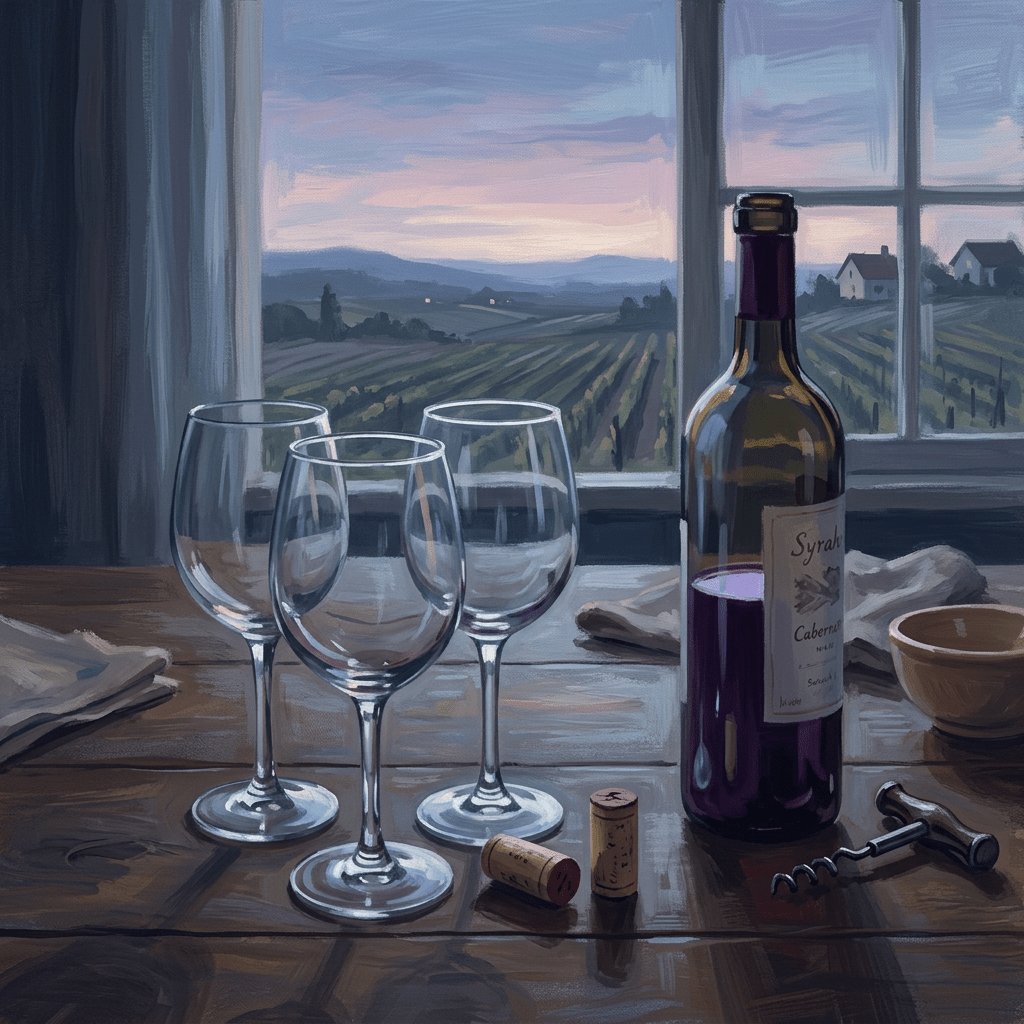 Three wine glasses, an open red wine bottle, corkscrew, and vineyard sunset