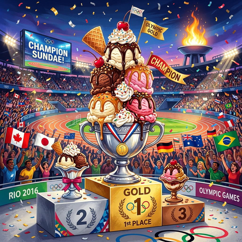 Ice cream trophy on Olympic podium with text “CHAMPION SUNDAE!”, “OLYMPIC GOLD,” “GOLD 1st PLACE,” “2,” “3,” “TOKYO 2024,” and “OLYMPIC GAMES”