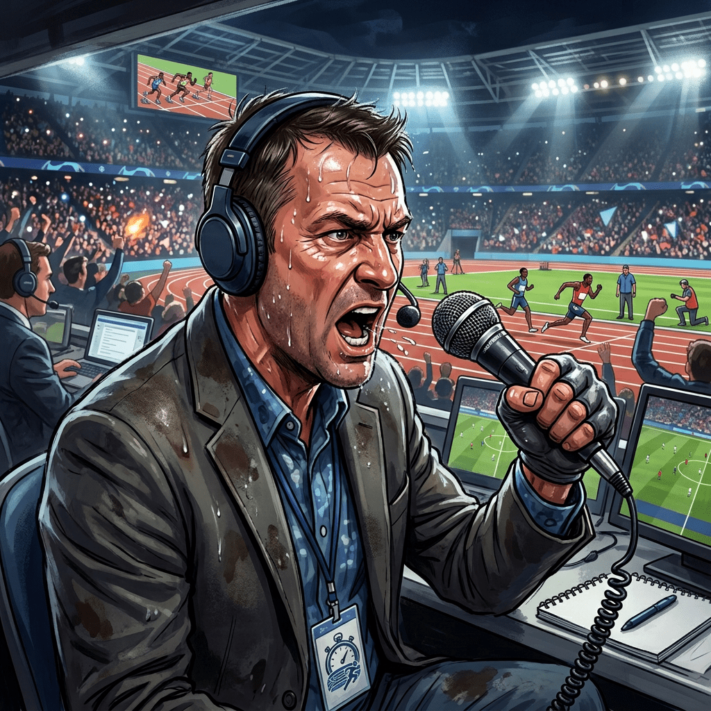 Sweating commentator shouts into microphone; scoreboard reads 89:45, 2–1; speech says “AND THEY LEAD! UNBELIEVABLE!”
